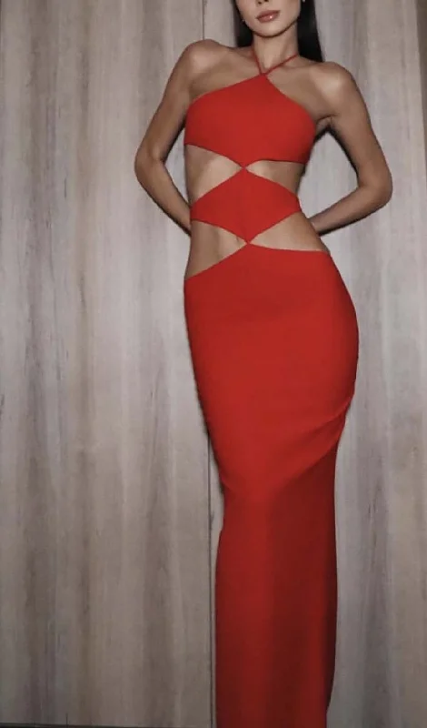 HALTERNECK CUTOUT MAXI DRESS IN RED Elegant Maxi Dress with Slit