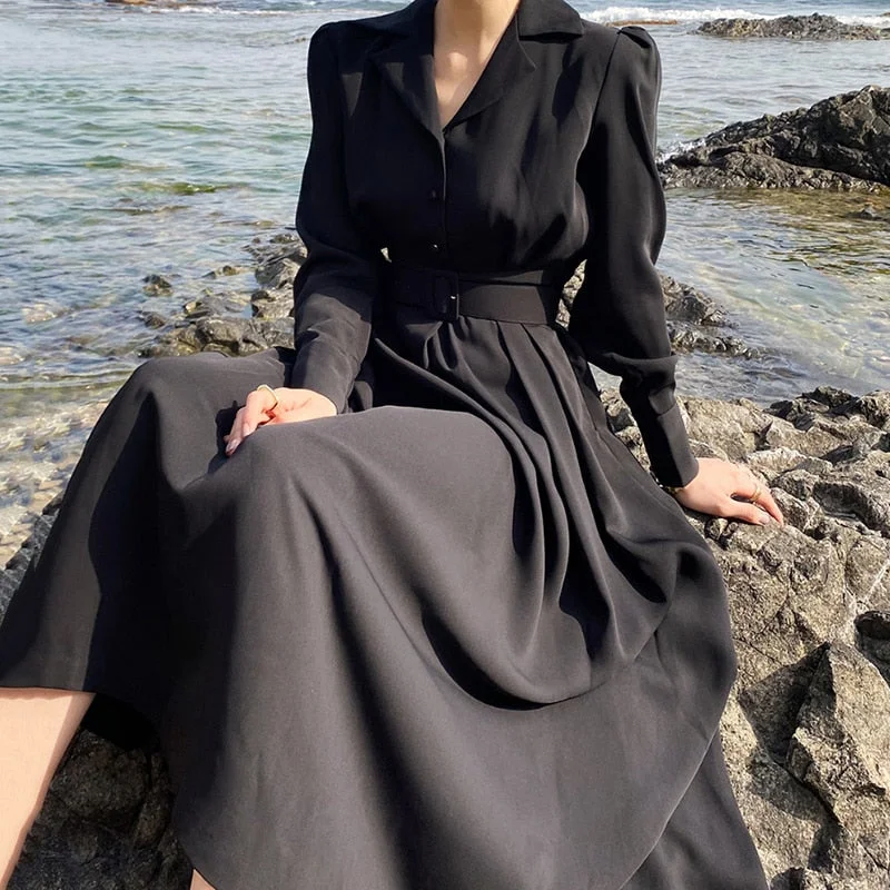 Long Maxi Dresses for Woman Party Single Breasted Autumn Winter Notched Collar Dress Elegant Vestidos High Waist Business Black Elegant Maxi Dress with Belt Long Maxi Dresses for Woman Party Single Breasted Autumn Winter Notched Collar Dress Elegant Vestidos High Waist Business Black Elegant Maxi Dress with Belt