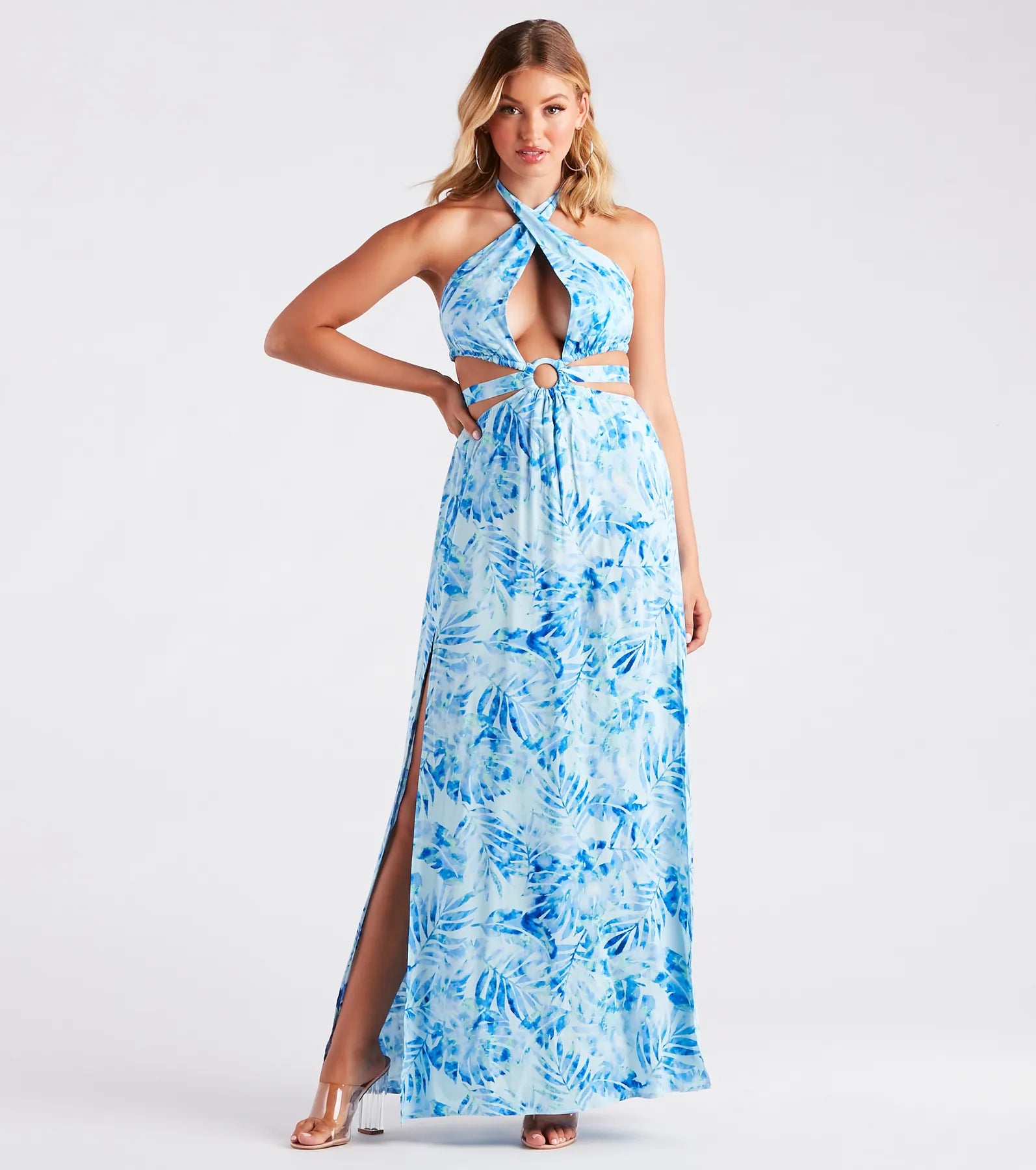 Miami Mood Tropical Print Cutout Maxi Dress Trendy Button Front Maxi Dress