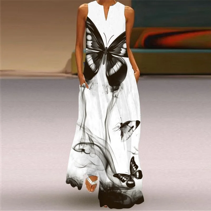 LIZAKOSHT - New White Dress Casual Vintage Sleeveless Long Dresses Summer Woman Butterfly Printed Girls Beach Maxi Dress Women Comfortable Bohemian Maxi Dress LIZAKOSHT - New White Dress Casual Vintage Sleeveless Long Dresses Summer Woman Butterfly Printed Girls Beach Maxi Dress Women Comfortable Bohemian Maxi Dress