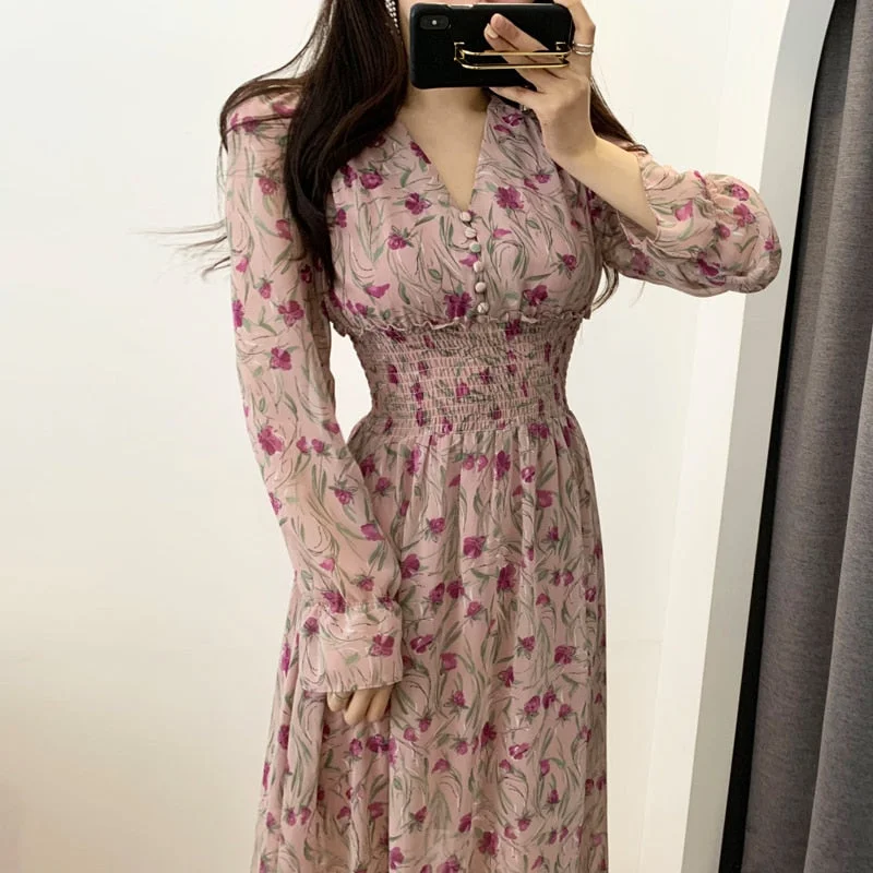 New Flower Dress Women Floral Chiffon Clothes Maxi Dresses Beach Elegant Autumn Pink Korean Long Sleeve V Neck Vestidos De Mujer Trendy Ruffled Maxi Dress New Flower Dress Women Floral Chiffon Clothes Maxi Dresses Beach Elegant Autumn Pink Korean Long Sleeve V Neck Vestidos De Mujer Trendy Ruffled Maxi Dress