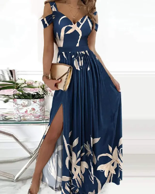PLANTS PRINT COLD SHOULDER HIGH SLIT MAXI DRESS Trendy Off-Shoulder Ruffle Maxi Dress PLANTS PRINT COLD SHOULDER HIGH SLIT MAXI DRESS Trendy Off-Shoulder Ruffle Maxi Dress