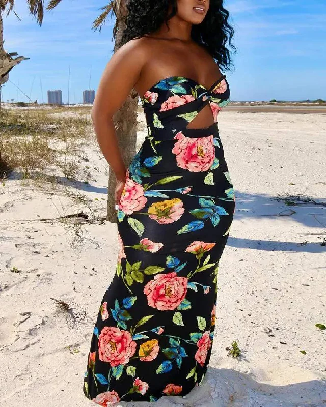 PLUS SIZE FLORAL PRINT BANDEAU TWISTED MAXI DRESS Fashionable Halter Neck Maxi Dress PLUS SIZE FLORAL PRINT BANDEAU TWISTED MAXI DRESS Fashionable Halter Neck Maxi Dress