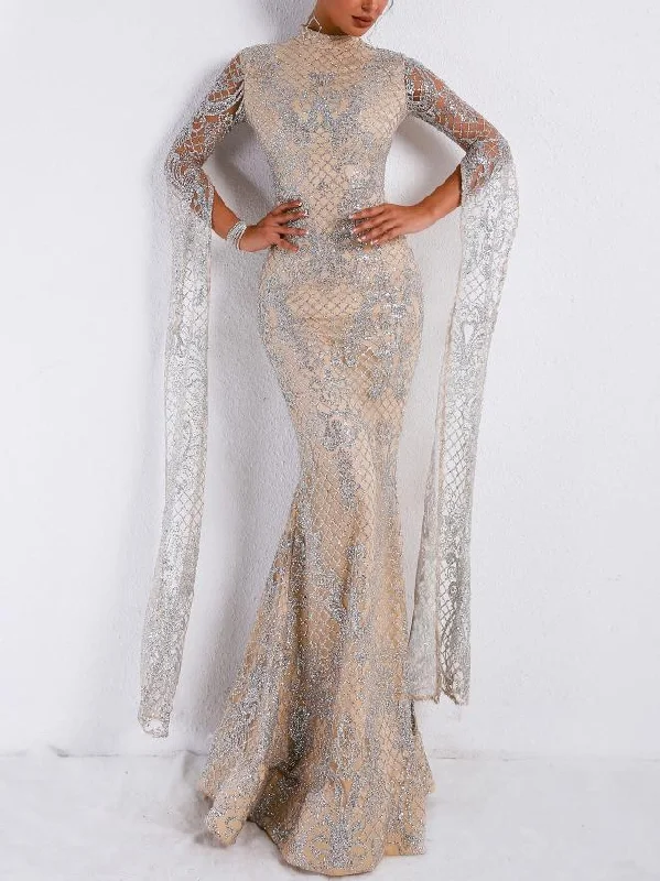 Silver High Collar Long Sleeve Flash Dusting Elegant Red Carpet Maxi Dress Trendy Satin Maxi Dress Silver High Collar Long Sleeve Flash Dusting Elegant Red Carpet Maxi Dress Trendy Satin Maxi Dress