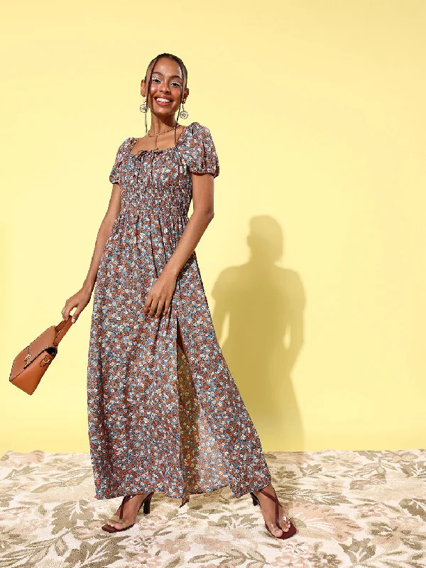 Multicolor Polyester Moss Floral Maxi Dress with Puffed Sleeve Comfortable Ruffle Hem Maxi Dress Multicolor Polyester Moss Floral Maxi Dress with Puffed Sleeve Comfortable Ruffle Hem Maxi Dress