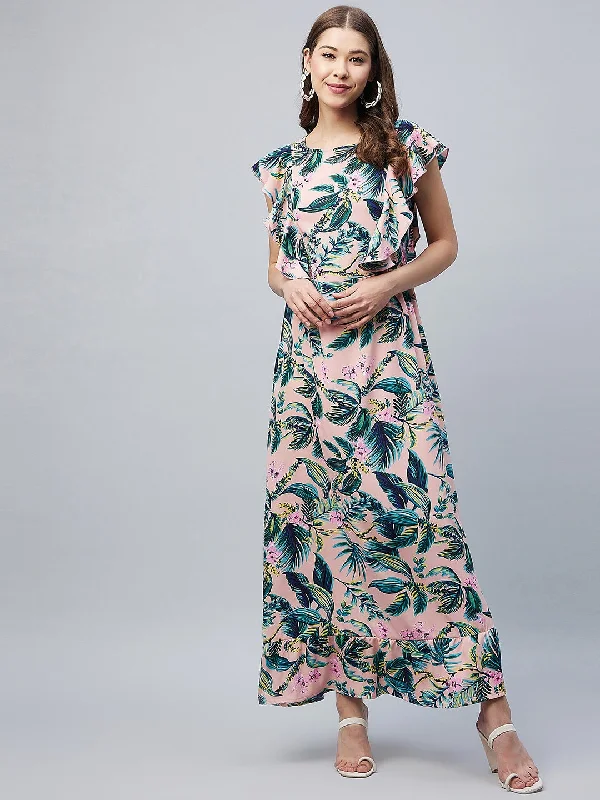 Multicolour Poly-Crepe Floral Maxi Dress With Flutter Sleeves Comfortable Maxi Dress with Slits Multicolour Poly-Crepe Floral Maxi Dress With Flutter Sleeves Comfortable Maxi Dress with Slits