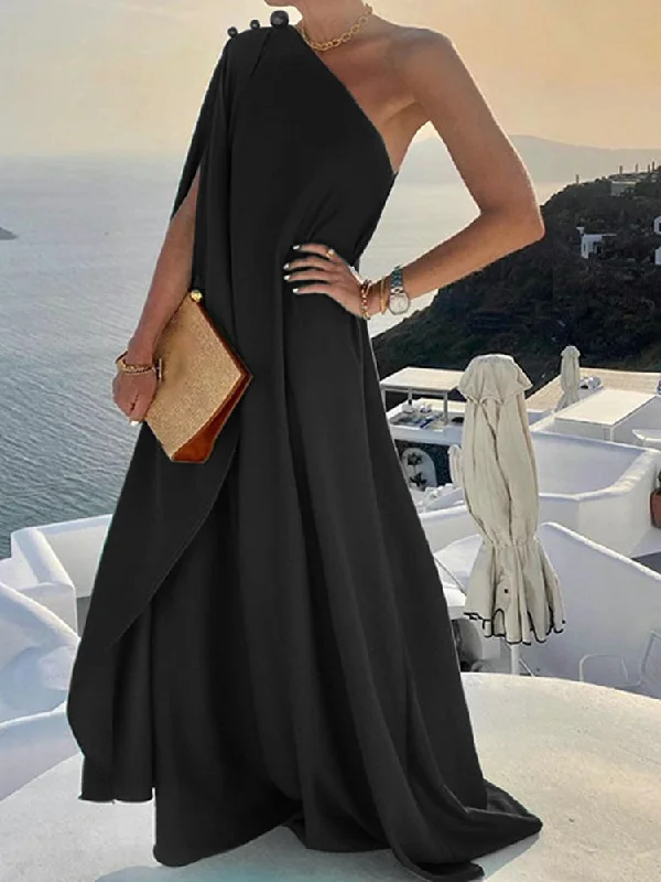 Summer Fashion Skew Collar Backless Beach Dresses Elegant Solid One Shoulder Big Hem Dress Women Irregular Loose Slit Maxi Dress Comfortable Satin Maxi Dress Summer Fashion Skew Collar Backless Beach Dresses Elegant Solid One Shoulder Big Hem Dress Women Irregular Loose Slit Maxi Dress Comfortable Satin Maxi Dress