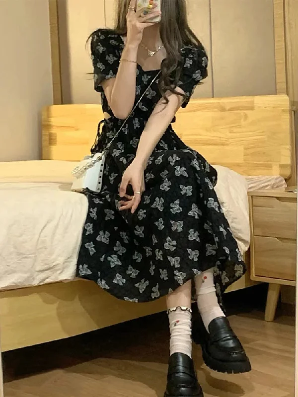 Vintage Black Square Collar Bandage Puff Sleeve Print Chiffon Midi Maxi Dresses for Women Party Dress Korea Clothing Summer Cozy Ruffle Sleeve Maxi Dress Vintage Black Square Collar Bandage Puff Sleeve Print Chiffon Midi Maxi Dresses for Women Party Dress Korea Clothing Summer Cozy Ruffle Sleeve Maxi Dress