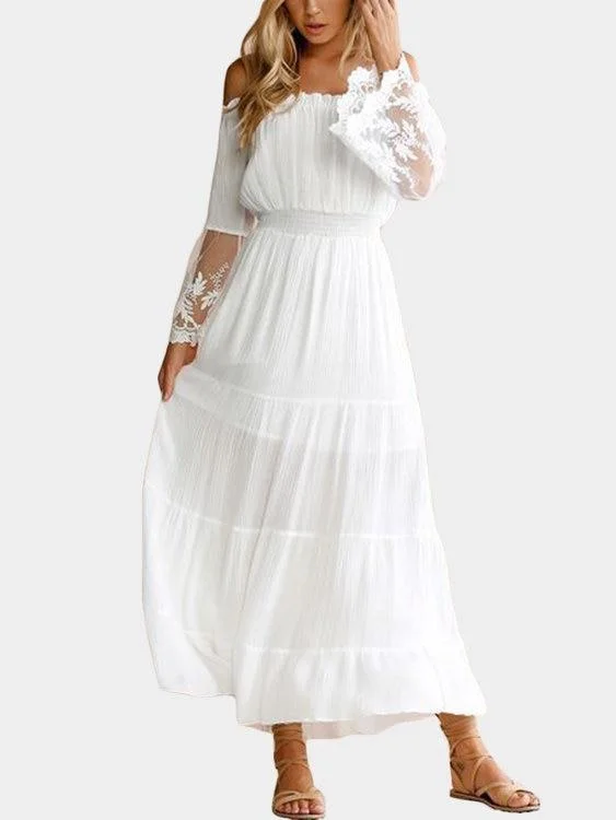 White Lace Details Off The Shoulder Flared Sleeves Maxi Dress Trendy Floral Print Maxi Dress White Lace Details Off The Shoulder Flared Sleeves Maxi Dress Trendy Floral Print Maxi Dress