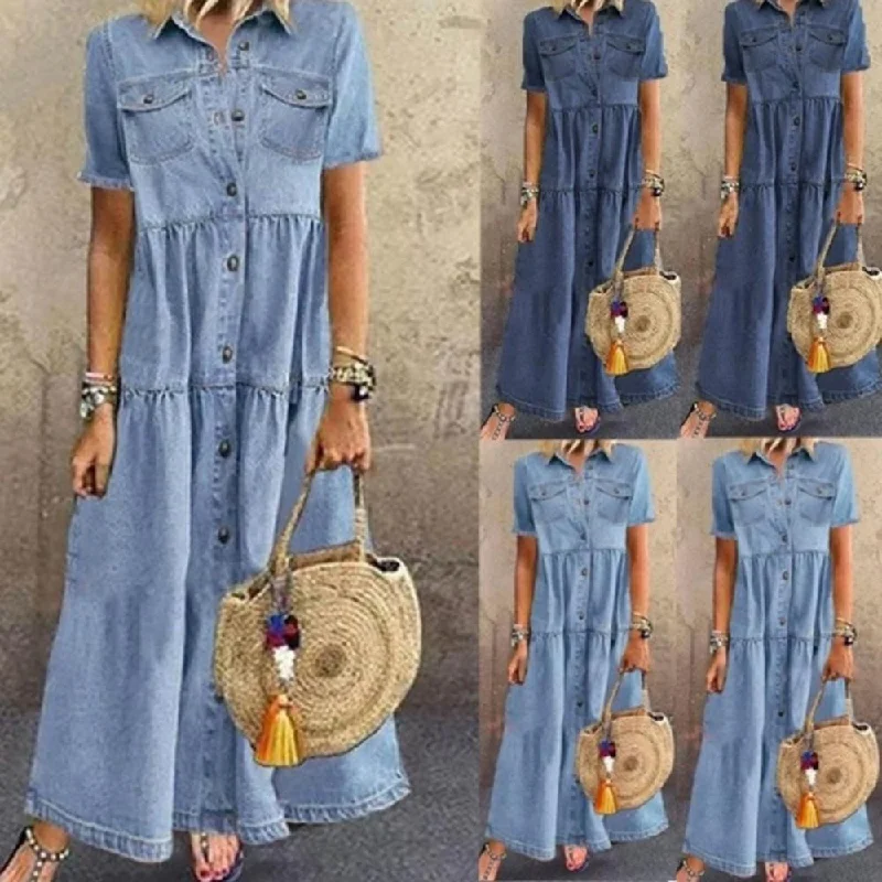 Women Summer Autumn Denim Long Dresses Retro Button Pockets Jeans Maxi Dress Ladies Casual Vestidos Comfortable Bohemian Maxi Dress Women Summer Autumn Denim Long Dresses Retro Button Pockets Jeans Maxi Dress Ladies Casual Vestidos Comfortable Bohemian Maxi Dress