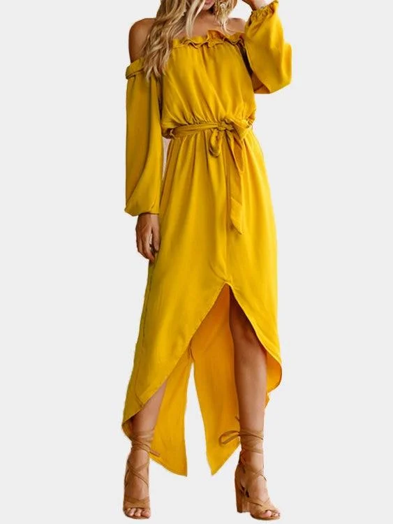 Yellow Off The Shoulder Long Sleeves Split Hem Maxi Dress with Belt Stylish Pleated A-Line Maxi Dress Yellow Off The Shoulder Long Sleeves Split Hem Maxi Dress with Belt Stylish Pleated A-Line Maxi Dress