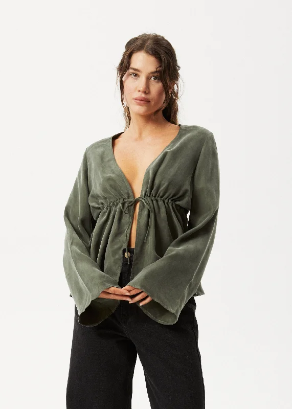 AFENDS Womens Grace - Cupro Tie Blouse - Deep Green Feminine Puff Blouse