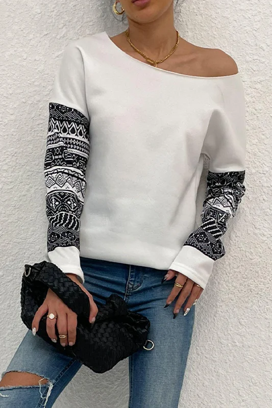 Boat Neck Long Printed Sleeve Blouse in 2 Colors Satin Drape Blouse