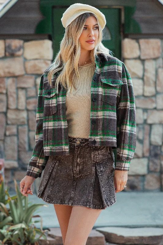 Brown Green Checker Plaid Shacket Bell Sleeve Blouse