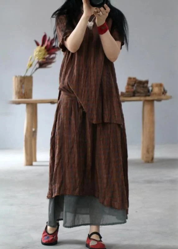Classy cotton tunic pattern fine Retro High Low Hem Plaid V-Neck Loose Blouse Peter Pan Blouse Classy cotton tunic pattern fine Retro High Low Hem Plaid V-Neck Loose Blouse Peter Pan Blouse