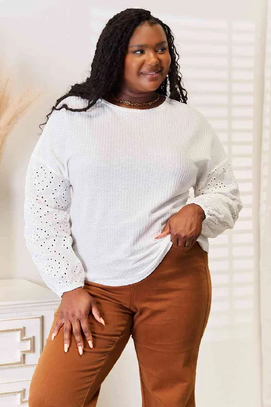 Hazel Blues® | Double Take Eyelet Dropped Shoulder Round Neck Blouse Relaxed Fit Blouse Hazel Blues® | Double Take Eyelet Dropped Shoulder Round Neck Blouse Relaxed Fit Blouse