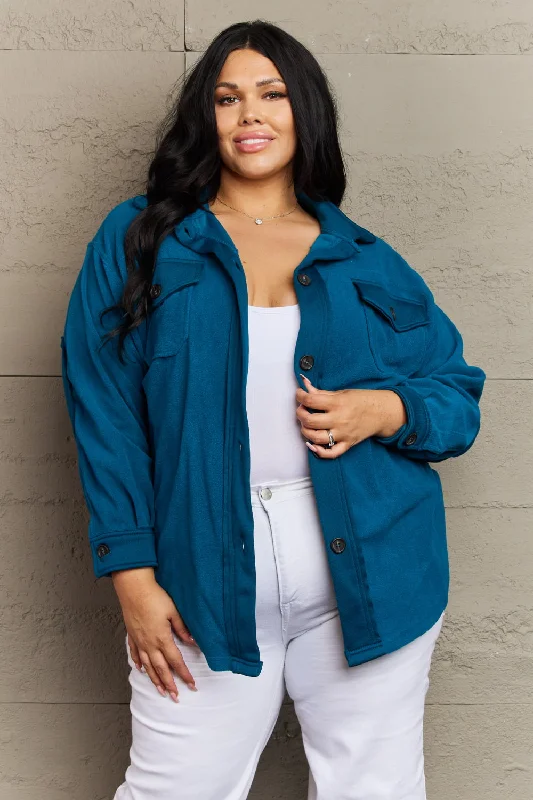 Hazel Blues® | Cozy in the Cabin Fleece Elbow Patch Shacket in Teal Backless Summer Blouse Hazel Blues® | Cozy in the Cabin Fleece Elbow Patch Shacket in Teal Backless Summer Blouse