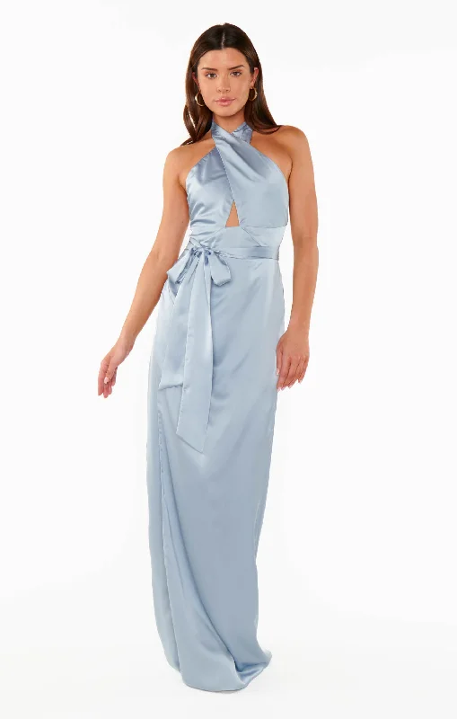 Adele Halter Maxi Dress ~ Steel Blue Luxe Satin Classic A-Line Maxi Dress