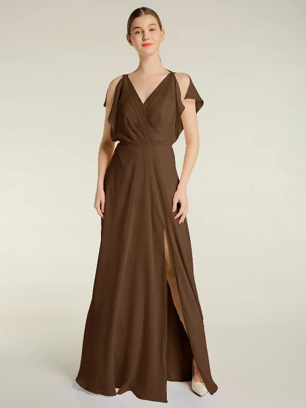 V Neckline Chiffon Maxi Dresses with Slit Brown Comfortable T-Shirt Maxi Dress