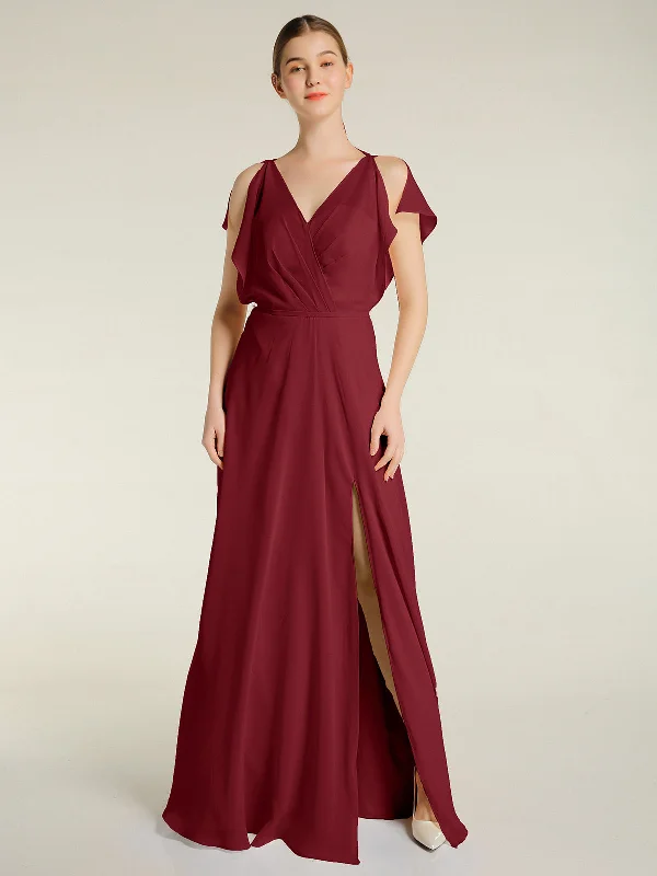 V Neckline Chiffon Maxi Dresses with Slit Burgundy Elegant Lace Maxi Dress