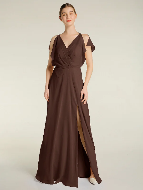 V Neckline Chiffon Maxi Dresses with Slit Chocolate Stylish Maxi Dress with Frills