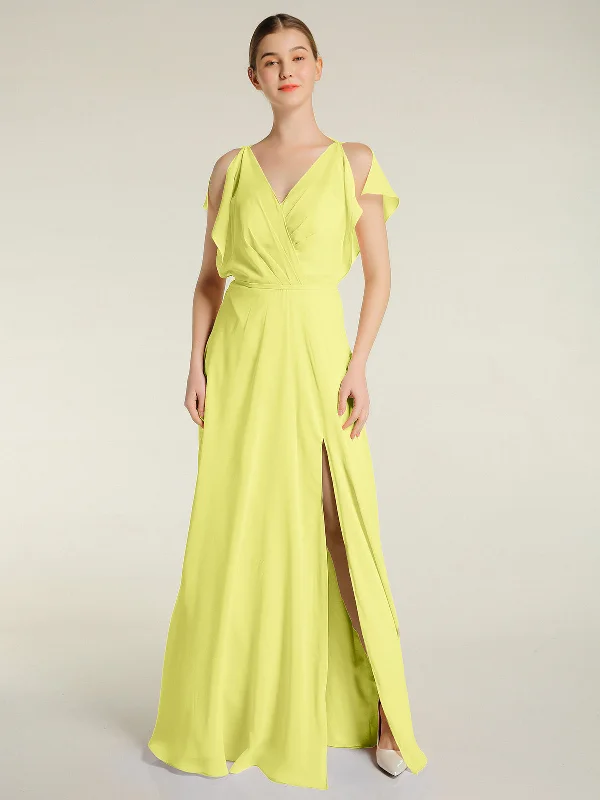 V Neckline Chiffon Maxi Dresses with Slit Daffodil Trendy V-Neck Maxi Dress