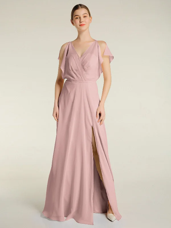 V Neckline Chiffon Maxi Dresses with Slit Dusty Rose Trendy Maxi Dress with Straps