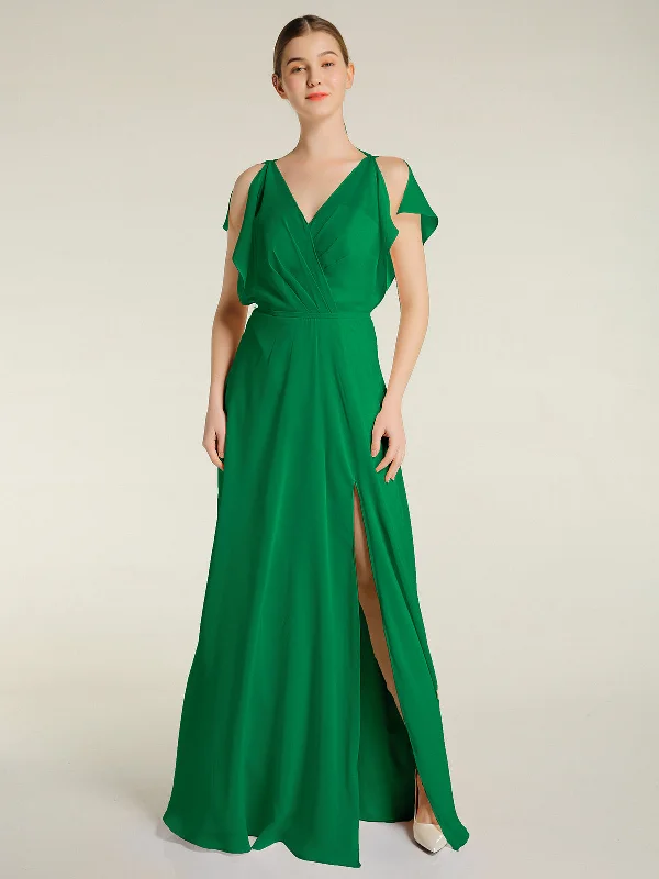 V Neckline Chiffon Maxi Dresses with Slit Emerald Fashionable Open-Back Maxi Dress