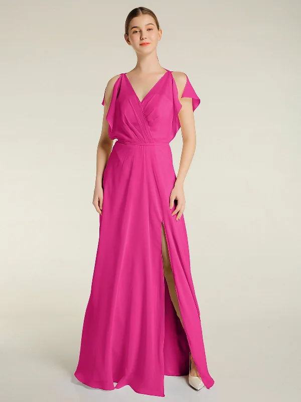 V Neckline Chiffon Maxi Dresses with Slit Fuchsia Comfortable Bohemian Maxi Dress