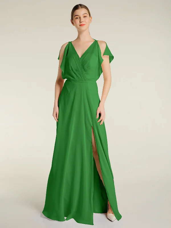 V Neckline Chiffon Maxi Dresses with Slit Green Comfortable Ruffle Maxi Dress