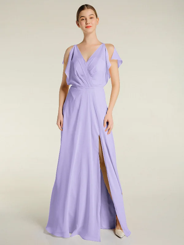 V Neckline Chiffon Maxi Dresses with Slit Lilac Cozy Ruffle Sleeve Maxi Dress