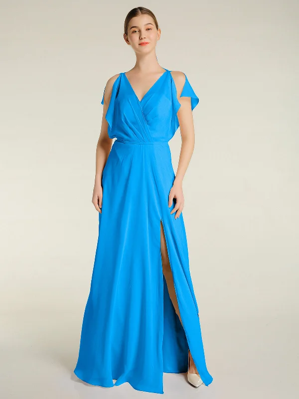 V Neckline Chiffon Maxi Dresses with Slit Ocean Blue Comfortable Pleated Maxi Dress