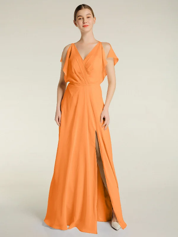 V Neckline Chiffon Maxi Dresses with Slit Orange Fashionable Sleeveless Maxi Dress