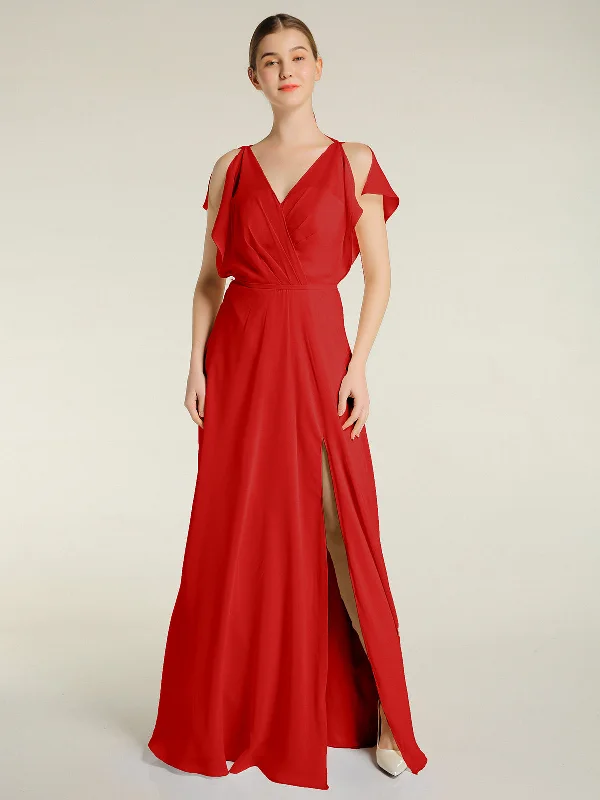 V Neckline Chiffon Maxi Dresses with Slit Red Elegant Sleeveless Maxi Dress