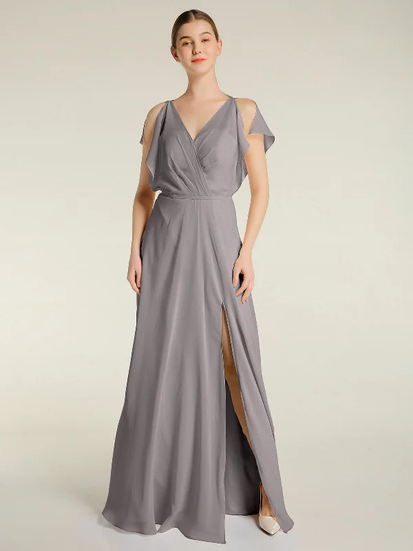 V Neckline Chiffon Maxi Dresses with Slit Silver Trendy Short Sleeve Maxi Dress