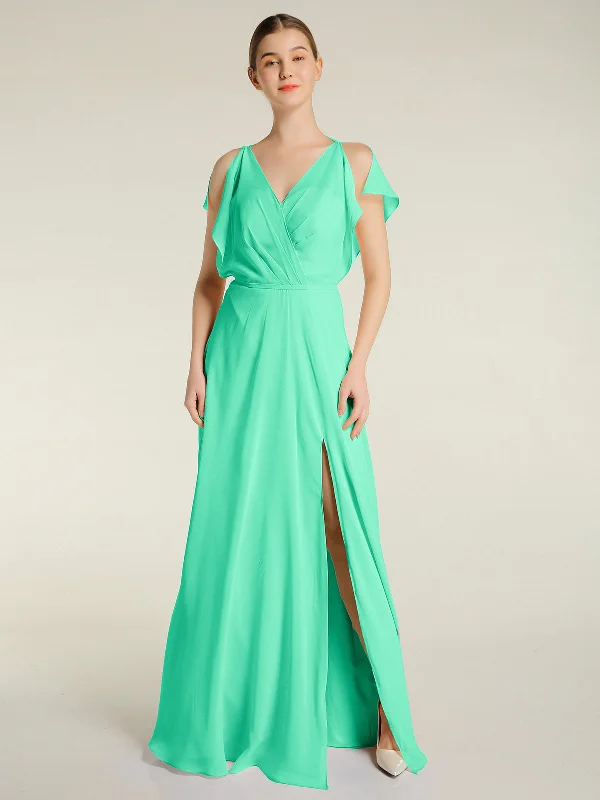 V Neckline Chiffon Maxi Dresses with Slit Turquoise Trendy Button Front Maxi Dress