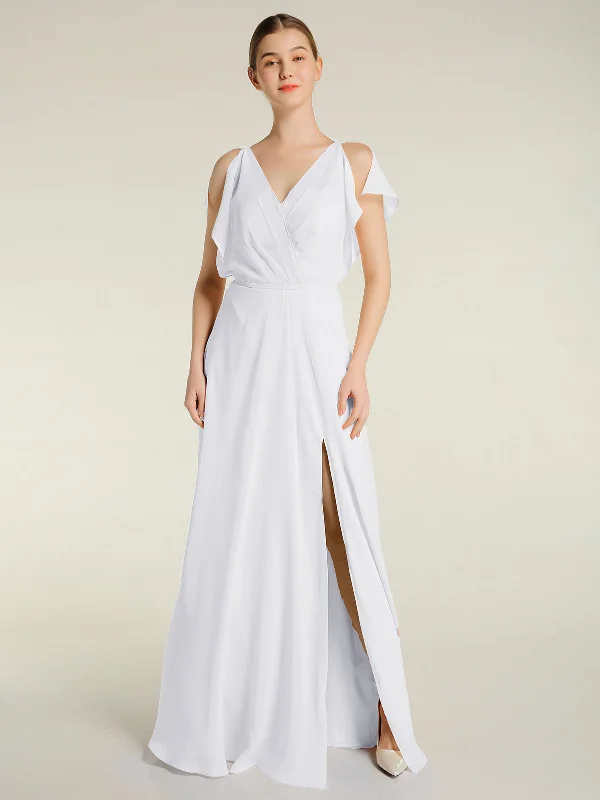 V Neckline Chiffon Maxi Dresses with Slit White Comfortable Fit-and-Flare Maxi Dress