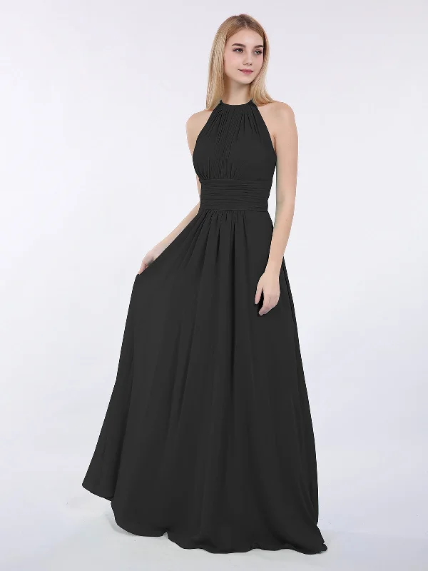 Halter Chiffon Maxi Dress of Bridesmaid Black Stylish Boho Chic Maxi Dress