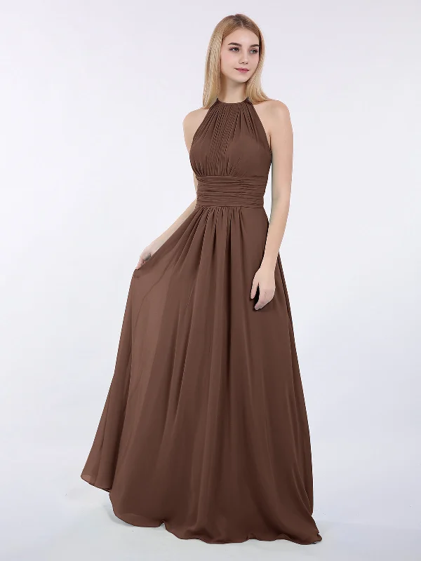 Halter Chiffon Maxi Dress of Bridesmaid Chocolate Stylish Button-Up Maxi Dress