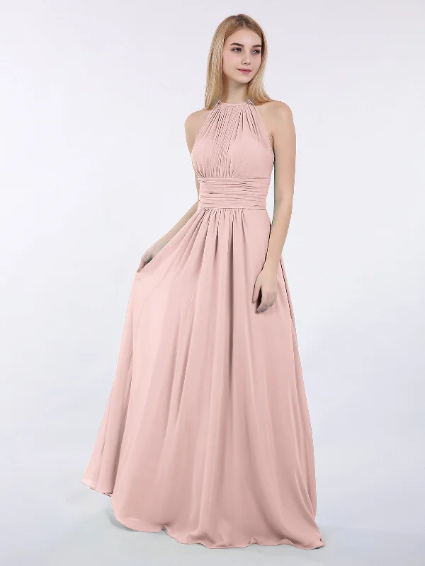 Halter Chiffon Maxi Dress of Bridesmaid Dusty Rose Elegant Tiered Maxi Dress