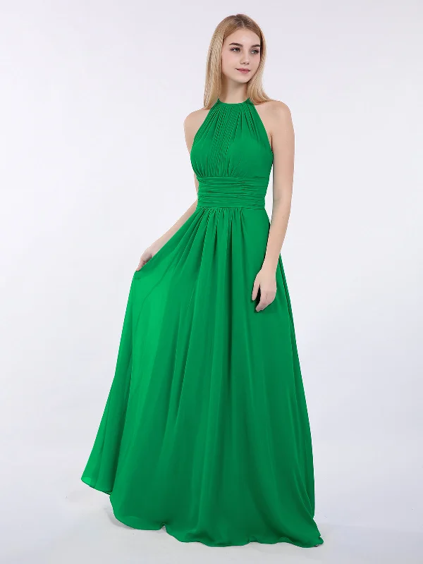 Halter Chiffon Maxi Dress of Bridesmaid Emerald Comfortable Pleated Maxi Dress