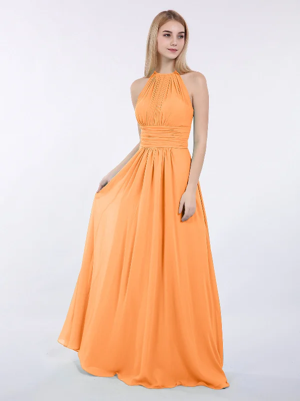 Halter Chiffon Maxi Dress of Bridesmaid Orange Elegant Sleeveless Maxi Dress