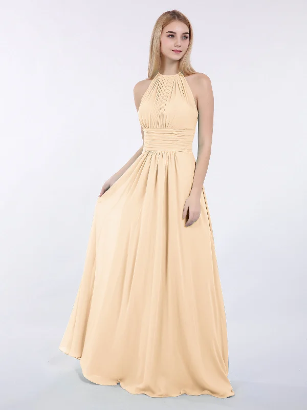 Halter Chiffon Maxi Dress of Bridesmaid Peach Stylish Off-Shoulder Maxi Dress