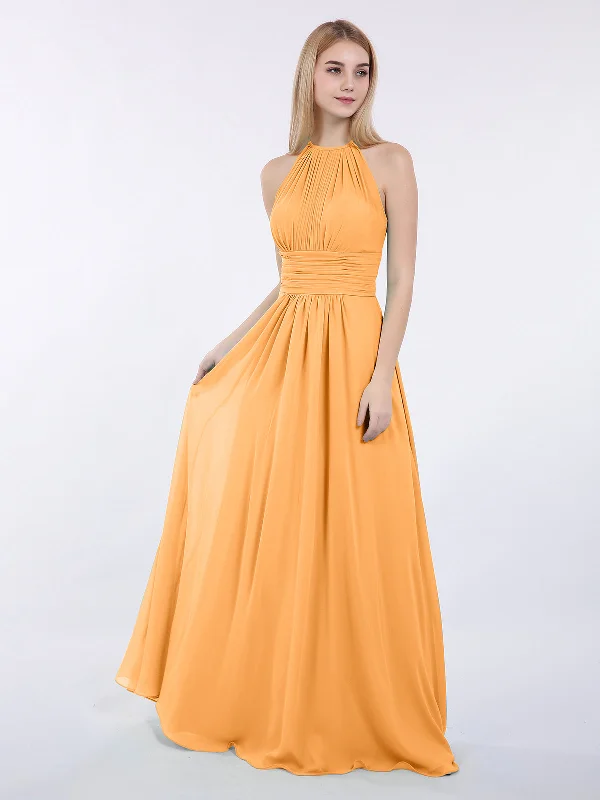 Halter Chiffon Maxi Dress of Bridesmaid Tangerine Stylish One-Shoulder Maxi Dress