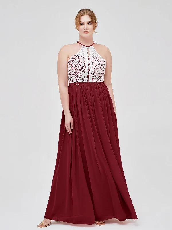 Halter Maxi Dress with Ivory Lace Bodice-Burgundy Comfortable Flowy Maxi Dress