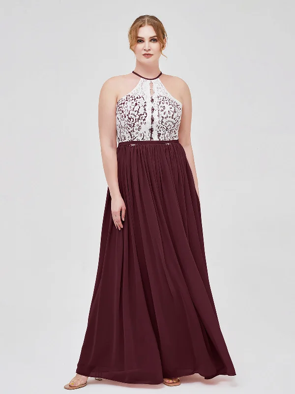 Halter Maxi Dress with Ivory Lace Bodice-Cabernet Comfortable T-Shirt Maxi Dress