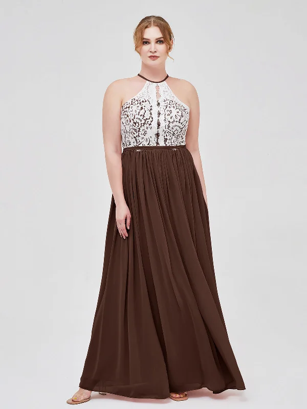 Halter Maxi Dress with Ivory Lace Bodice-Chocolate Stylish Longline Maxi Dress