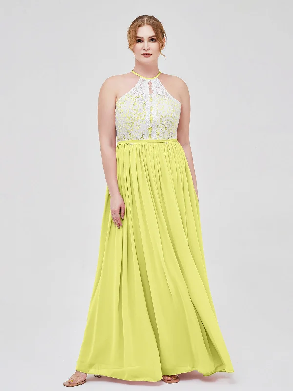 Halter Maxi Dress with Ivory Lace Bodice-Daffodil Fashionable High-Low Maxi Dress