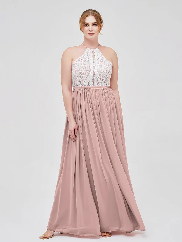 Halter Maxi Dress with Ivory Lace Bodice-Dusty Rose Elegant Boho Maxi Dress