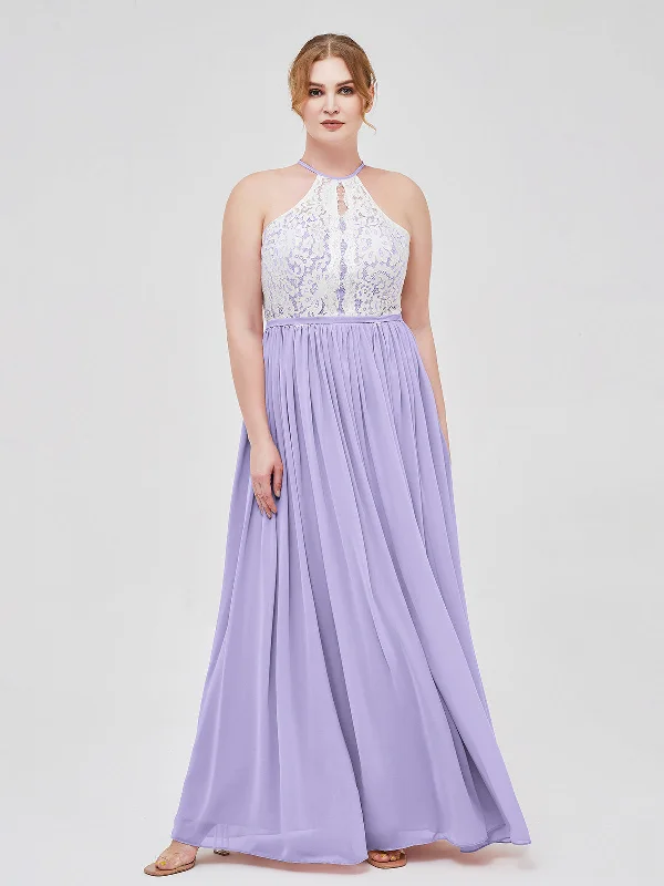 Halter Maxi Dress with Ivory Lace Bodice-Lilac Comfortable Maxi Dress with Belt